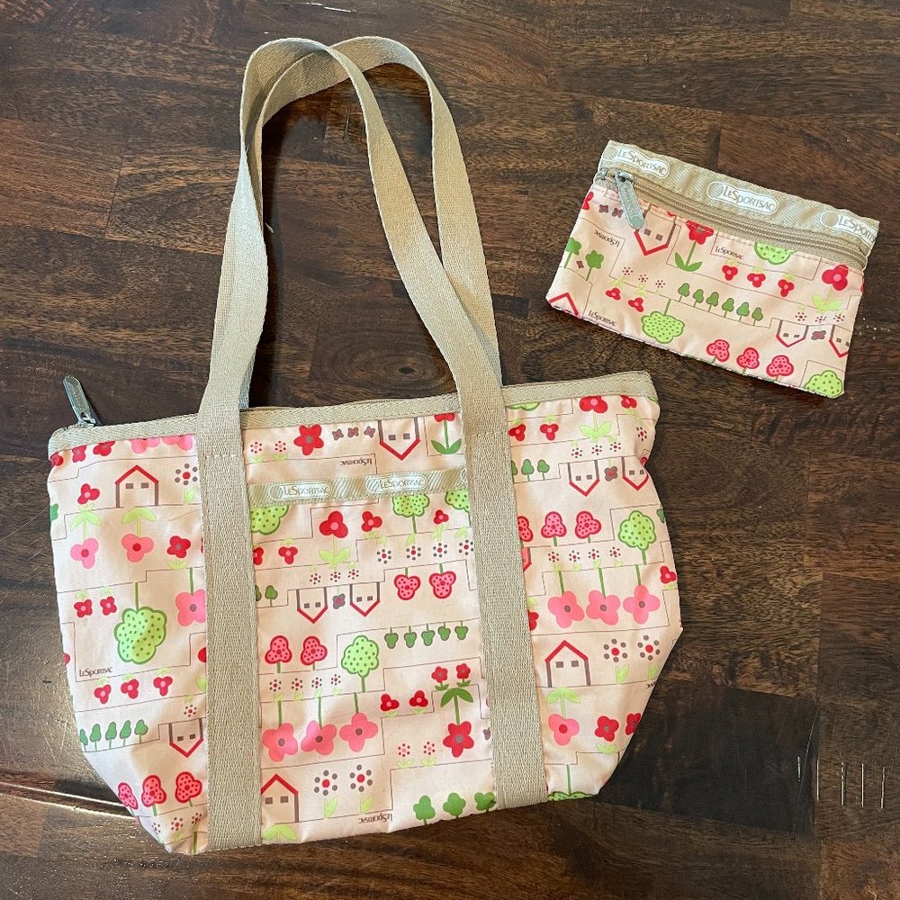 LESPORTSAC Rare 2004 Pattern Suburbia Handbag Tote Matching Zip Pouch